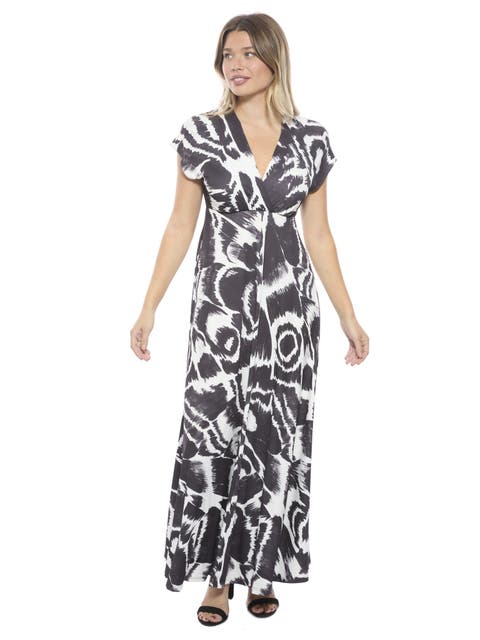 Womens Essential Abstract V-Neck Empire Waist Cap Sleeve Maxi Dress