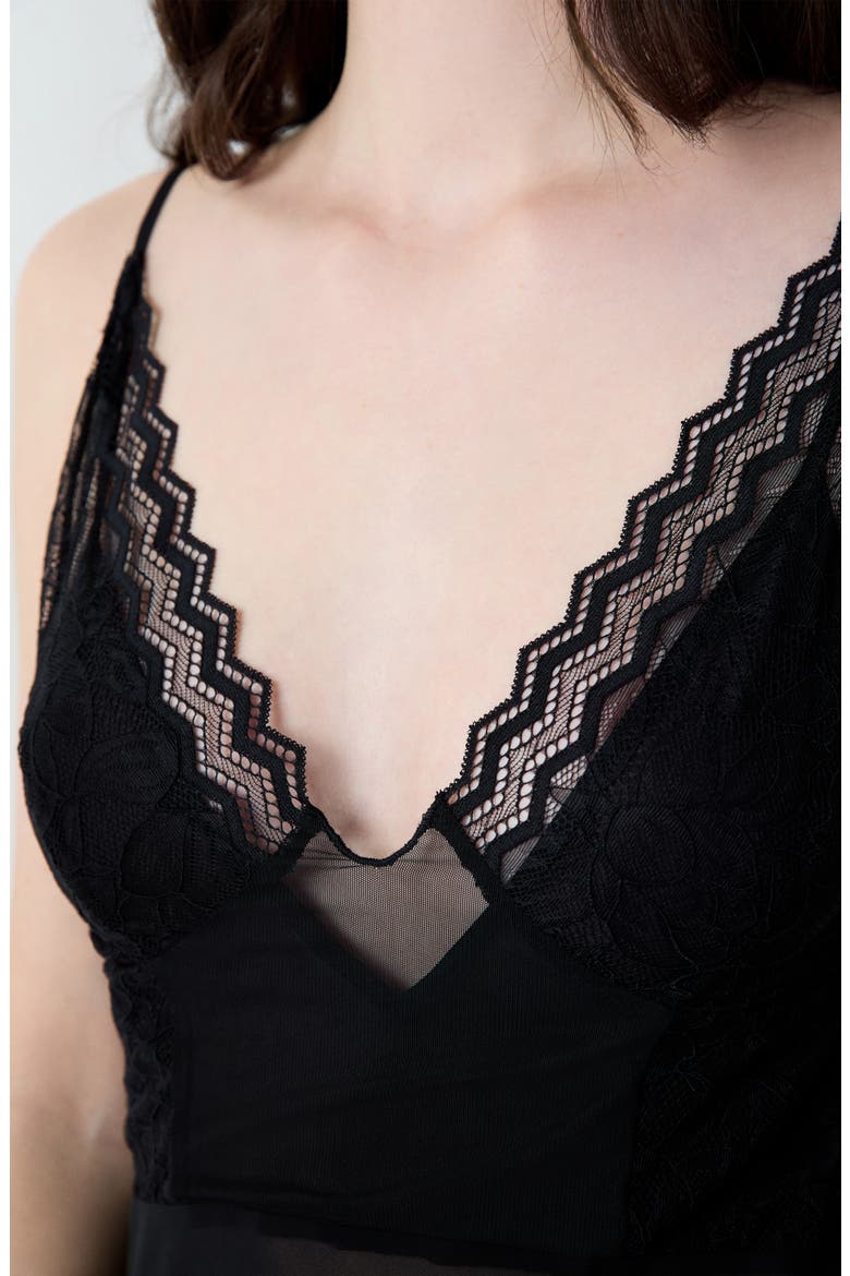 Embleme Nuisette Lace Trim Mesh Nightgown, Alternate, color, BLACK