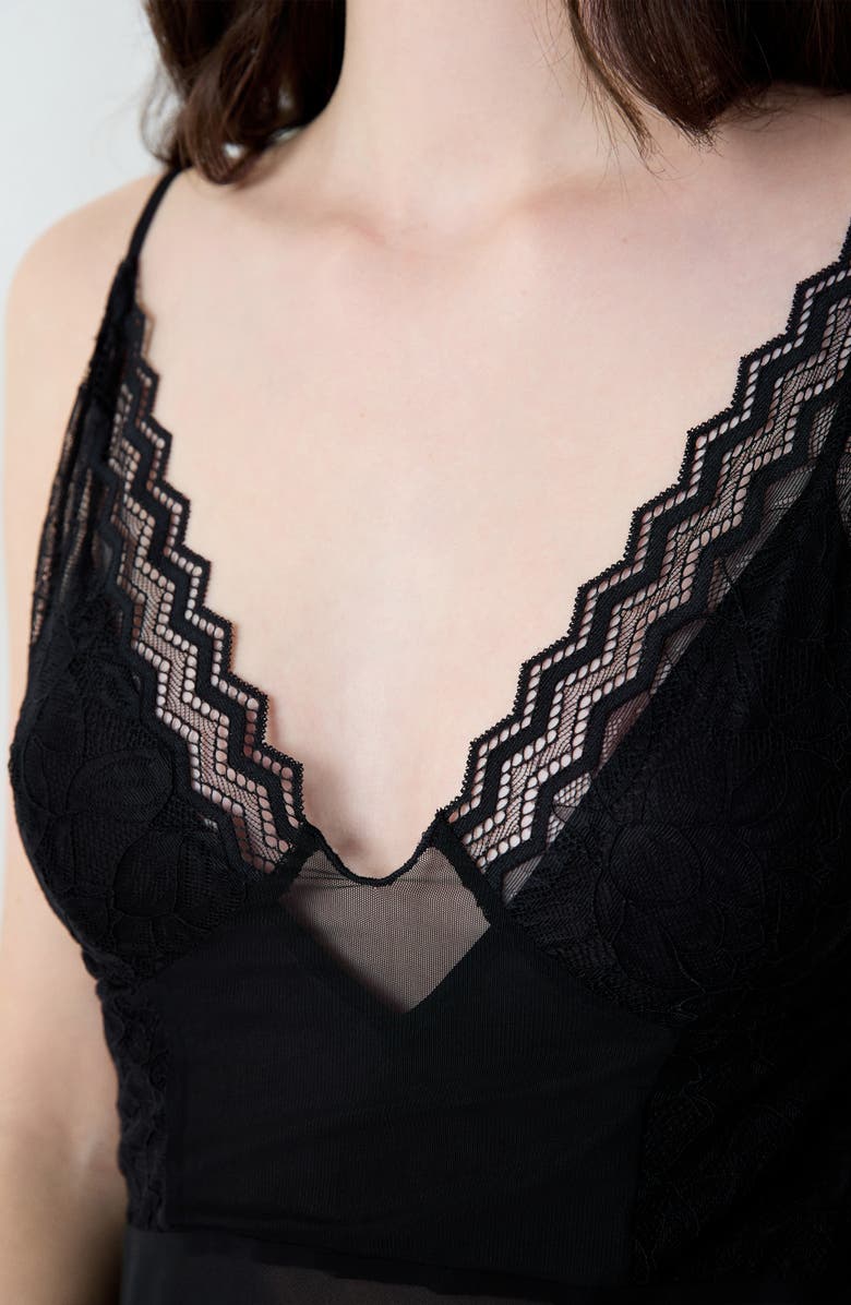 Etam Embleme Nuisette Lace Trim Mesh Nightgown, Alternate, color, Black