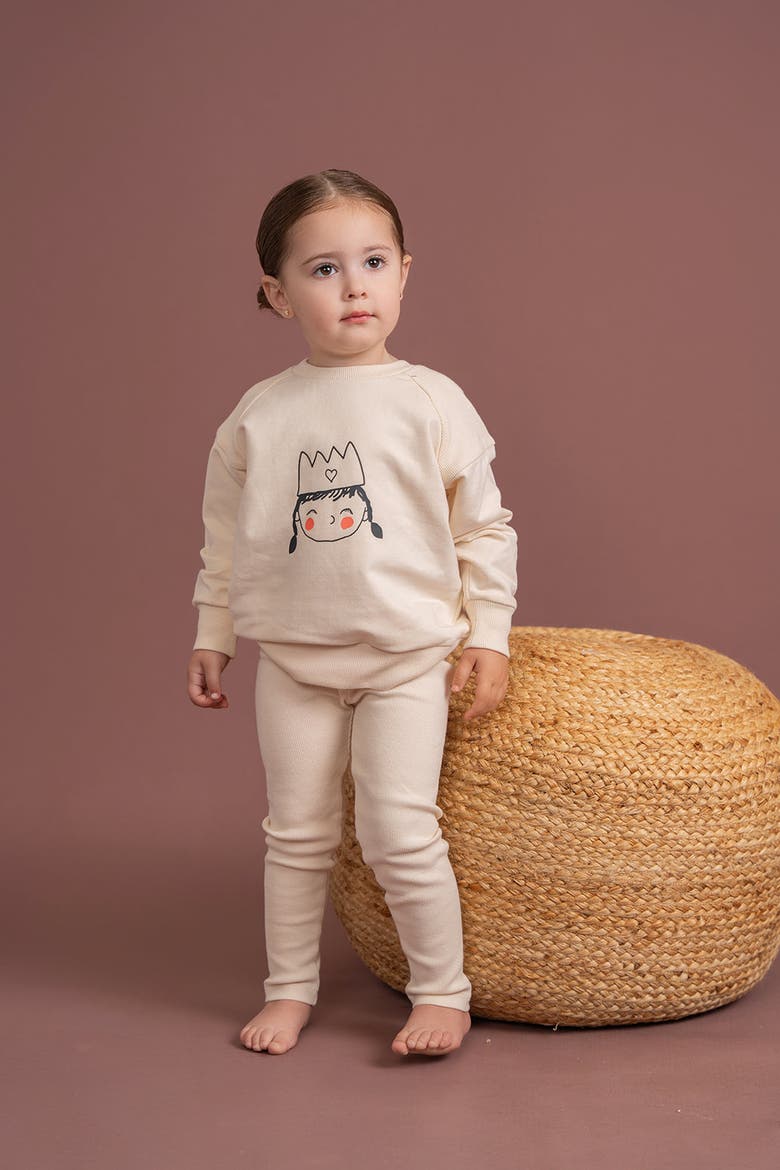 Girl Crown Print 2 Piece Long Sleeve Top and Ribbed Leggings Set, Alternate, color, Cream