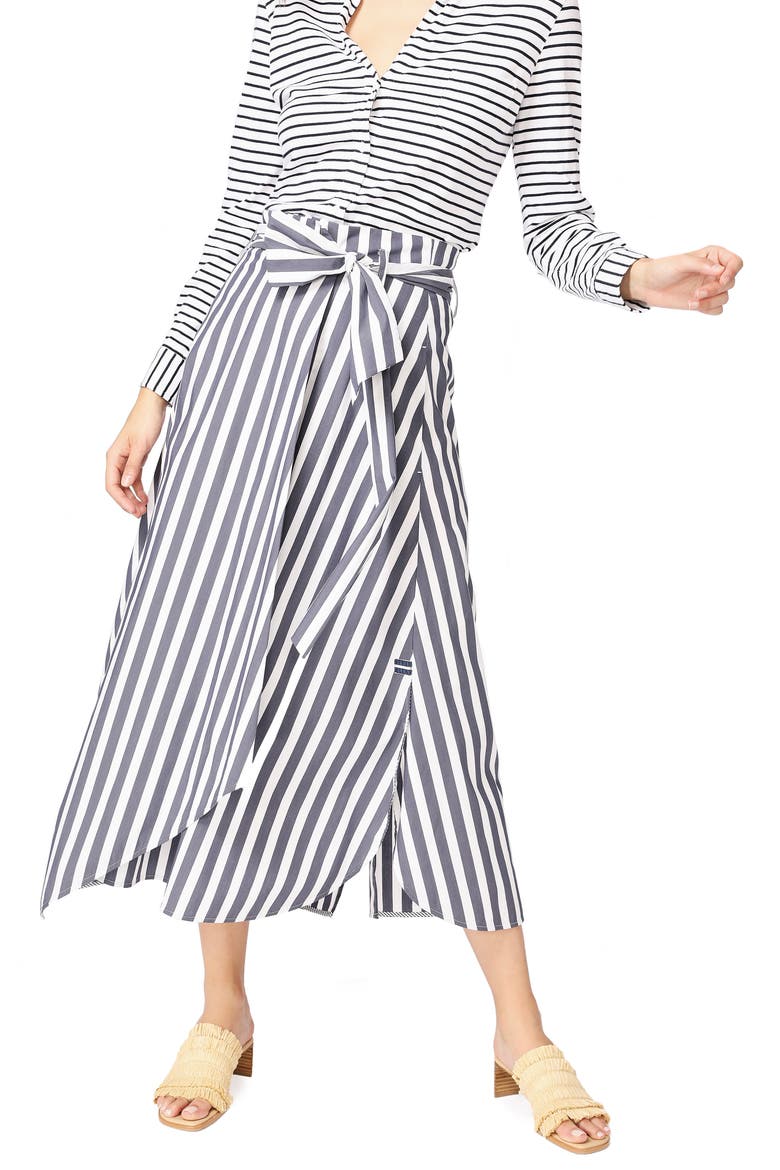 Wide Stripe Tie Waist Cotton Blend Skirt, Main, color, BLUE NIGHT