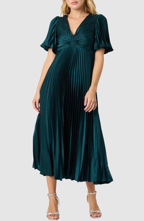 Short Sleeve Pleated Satin Midi Dress