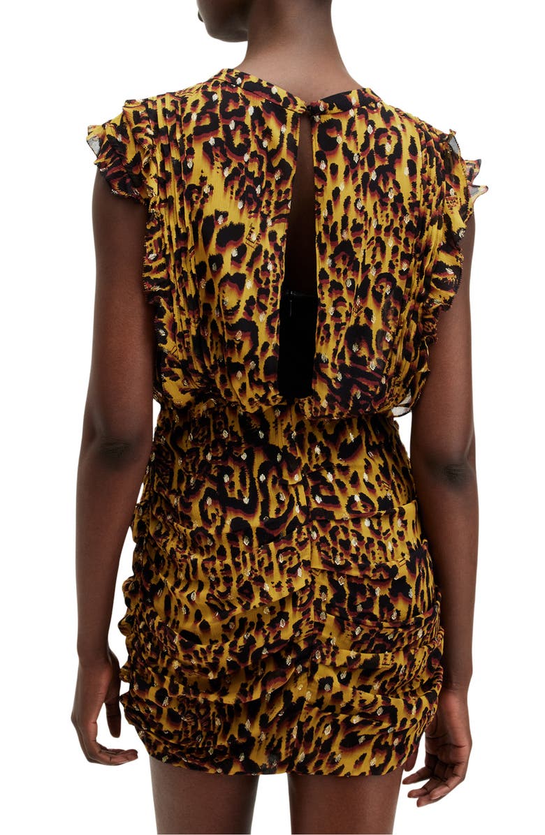 AllSaints Hali Pleated Leopard Spot Cap Sleeve Dress, Alternate, color, Teresa Deep Yellow