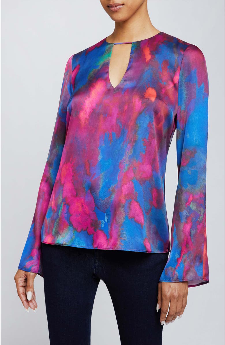 Santorelli NOA Long Sleeve Keyhole Blouse in Abstract Printed Charmeuse, Alternate, color, Magenta Multi
