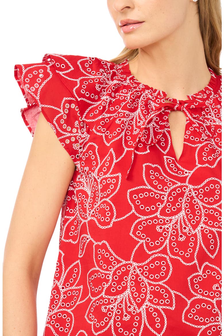 Floral Flutter Sleeve Tie Neck Top, Alternate, color, CLASSIC CHERRY