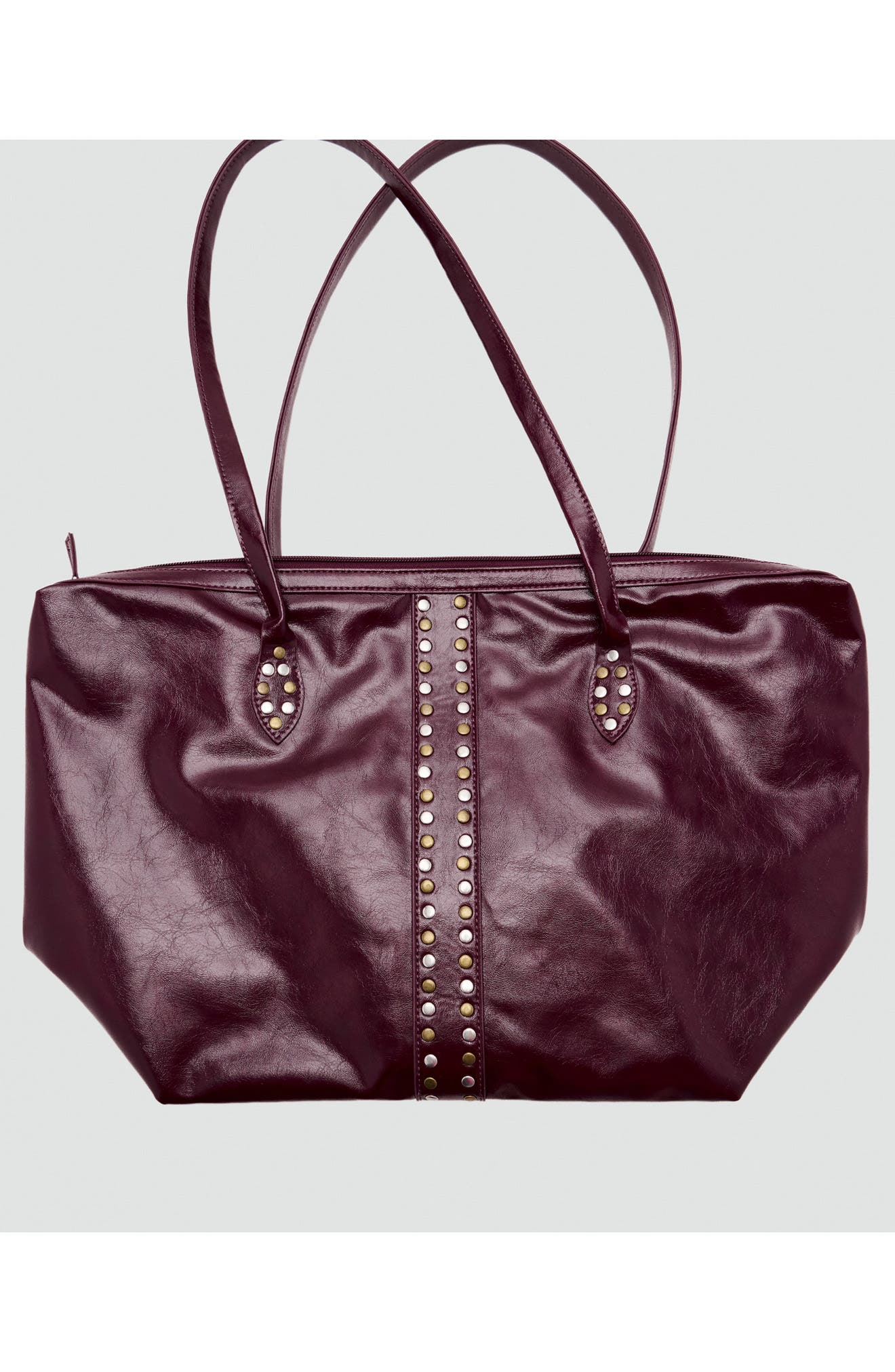 Studded Faux Leather Tote, Alternate, color, BURGUNDY