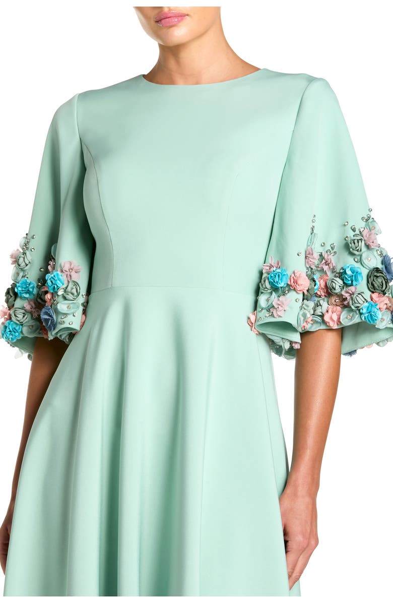 Mac Duggal Crepe 3/4 Sleeve 3D Flower Trim A Line Gown, Alternate, color, Sage