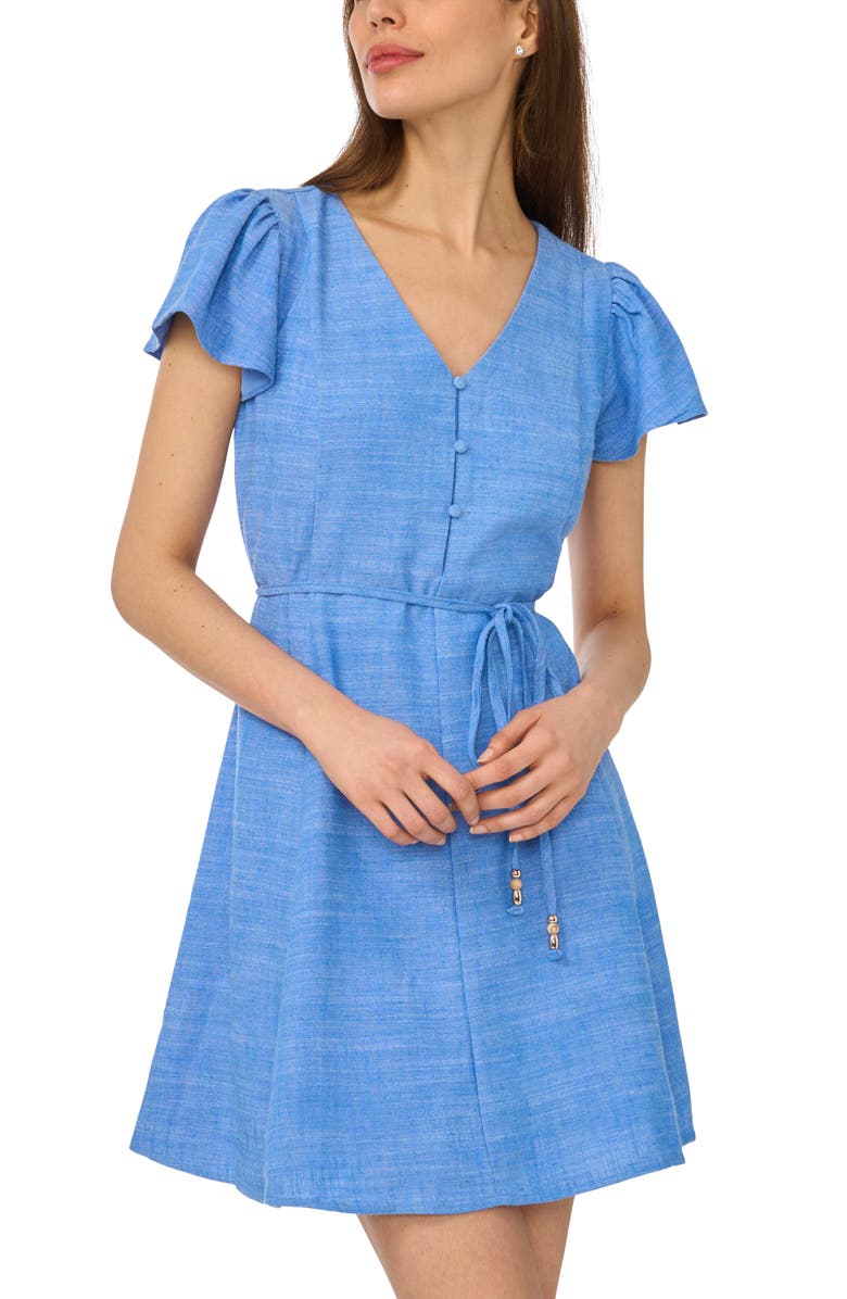 CeCe Flutter Sleeve Tie Waist Minidress, Alternate, color, Classic Navy