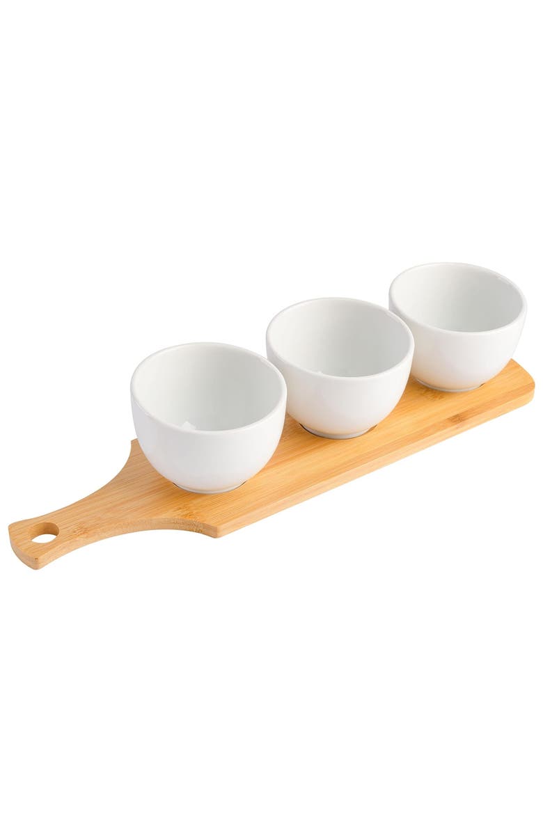Gibson Gracious Dining 3 Piece White Fine Ceramic Tidbit Bowl Set with Wood Serving Tray, Main, color, White