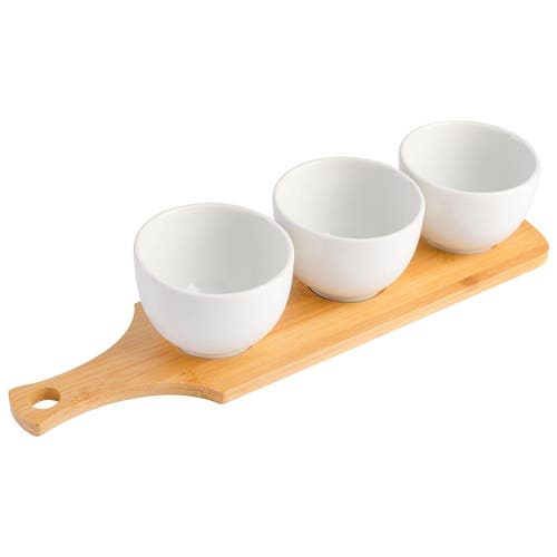 Gibson Gracious Dining 3 Piece White Fine Ceramic Tidbit Bowl Set With Wood Serving Tray