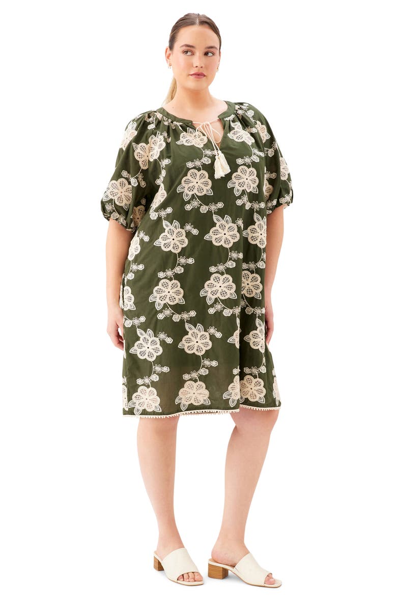 Karen Kane Embroidered Tassel Tie Puff Sleeve Shift Dress, Alternate, color, Olive/ Natural