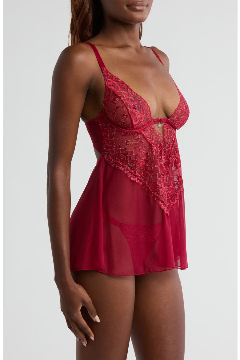 Floral Lace Babydoll Chemise & Thong Set, Alternate, color, RED