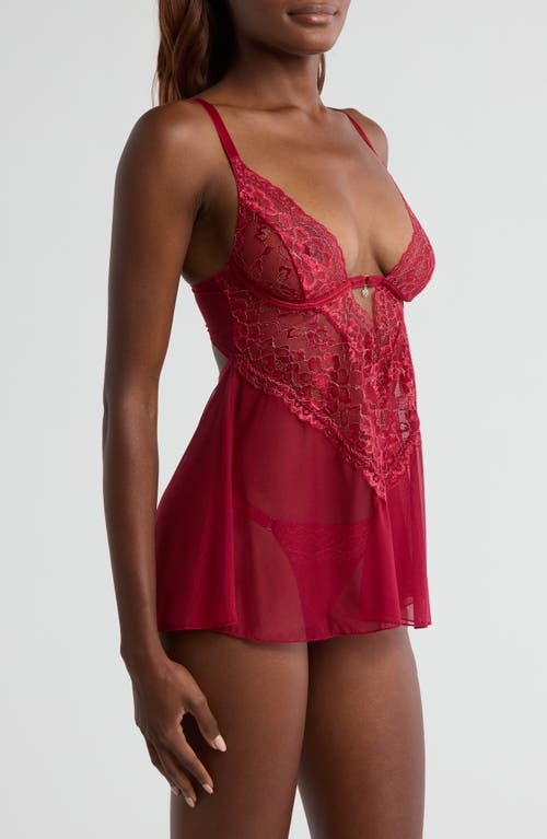 Coquette Floral Lace Babydoll Chemise & Thong Set In Red