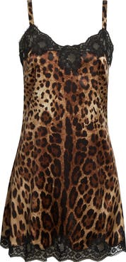 Dolce&Gabbana Leopard Print Stretch Satin & Lace Slipdress
