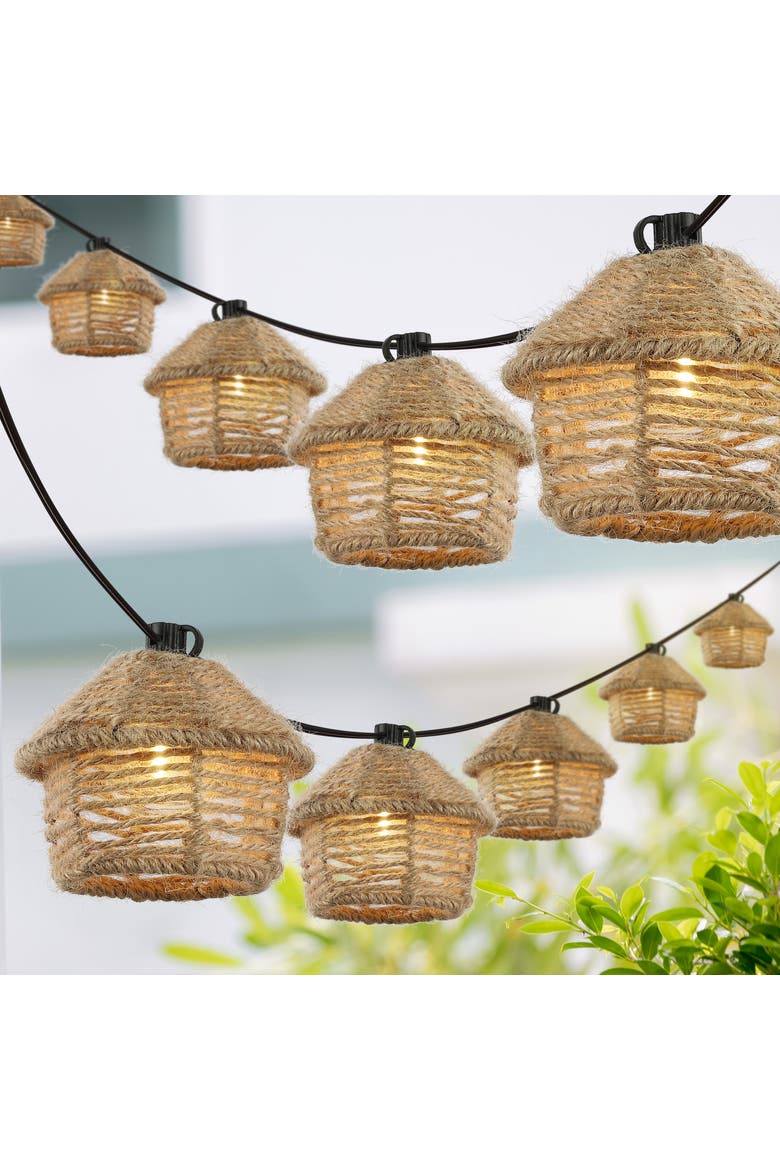 Maui 10-Light Indoor/Outdoor Mid-Century Vintage Incandescent G40 Tiki Hut Hemp Rope Shaded String Lights, Alternate, color, Brown