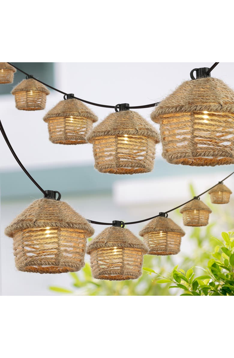 JONATHAN Y Maui 10-Light Indoor/Outdoor Mid-Century Vintage Incandescent G40 Tiki Hut Hemp Rope Shaded String Lights, Alternate, color, Brown