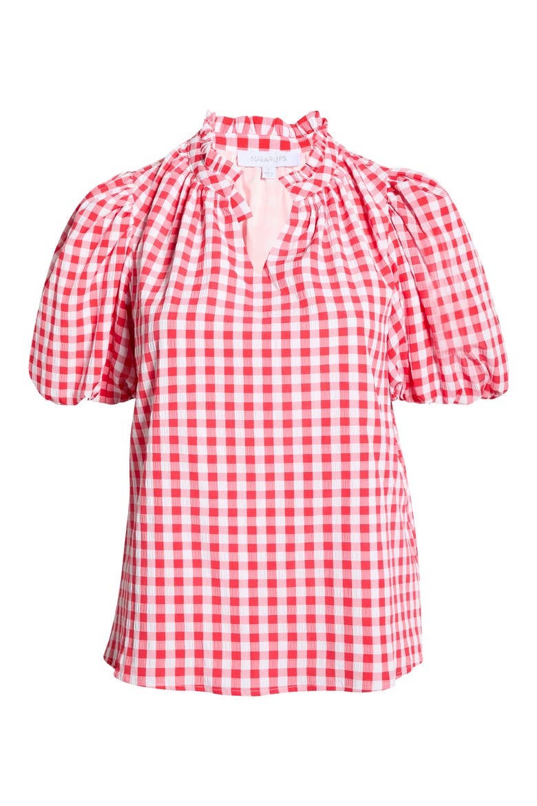 Ginham Ruffle Neck Top, Alternate, color, RED-WHITE