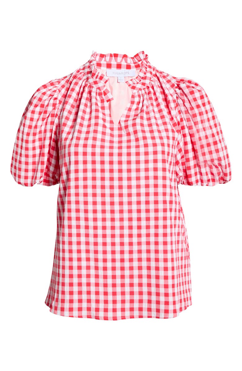 SUGARLIPS Ginham Ruffle Neck Top, Alternate, color, Red-White