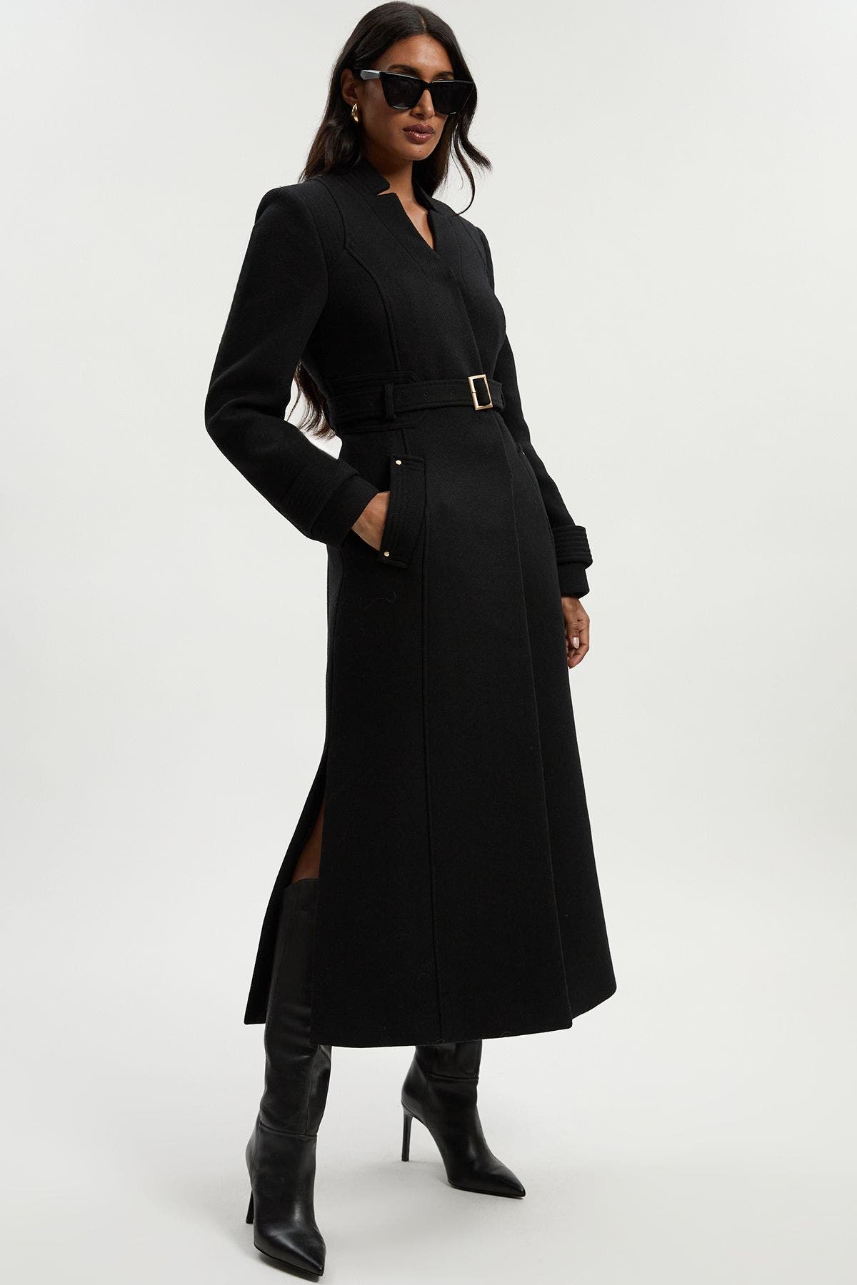 Karen Millen Wool Notch Neck Belted Maxi Coat In Black