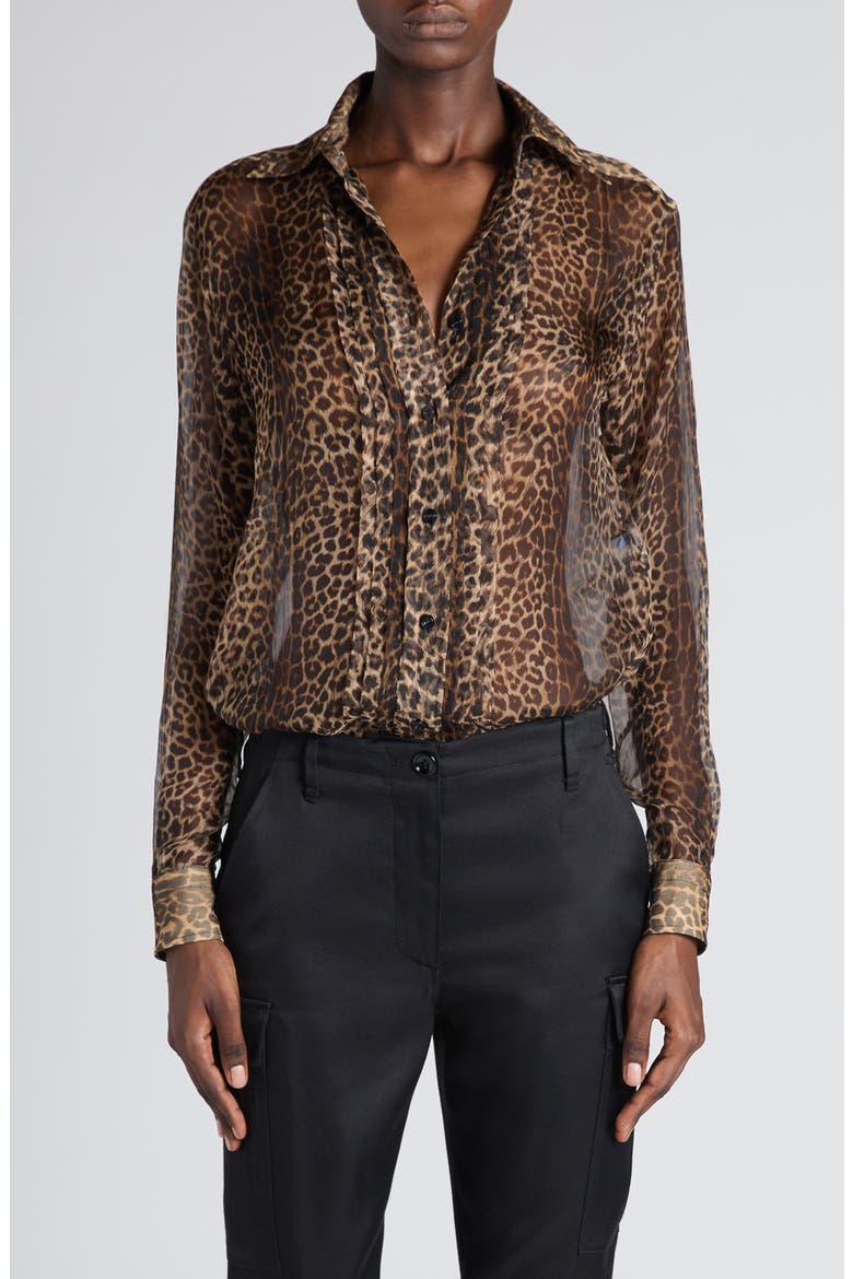 Leopard Print Silk Chiffon & Crepe Shirt, Main, color, LEOPARD BROWN/ BLACK
