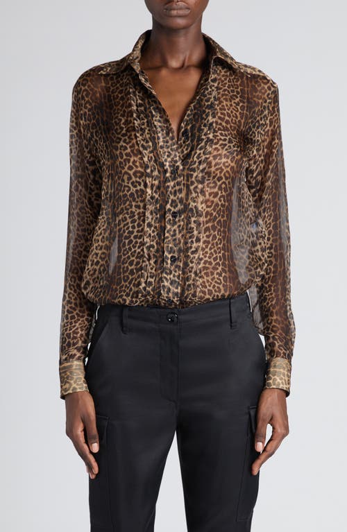 Tom Ford Leopard Print Silk Chiffon & Crepe Shirt In Brown