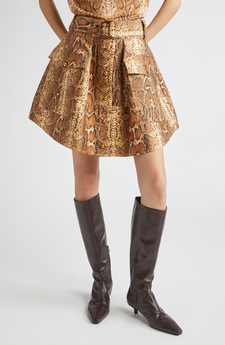 Zimmermann Hypnotic Belted Silk & Cotton Utility Miniskirt, Main, color, Toffee Snake