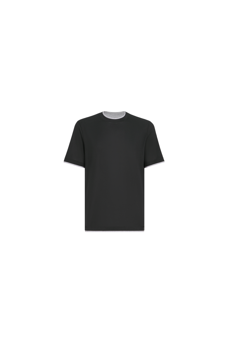 Silk and cotton lightweight jersey crew neck T-shirt with faux-layering, Alternate, color, Black