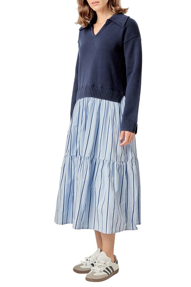 Mixed Media Long Sleeve Midi Dress, Alternate, color, NAVY BLUE STRIPES