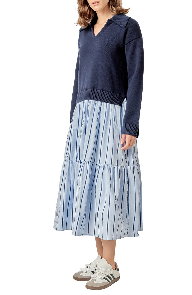 English Factory Mixed Media Long Sleeve Midi Dress, Alternate, color, Navy Blue Stripes