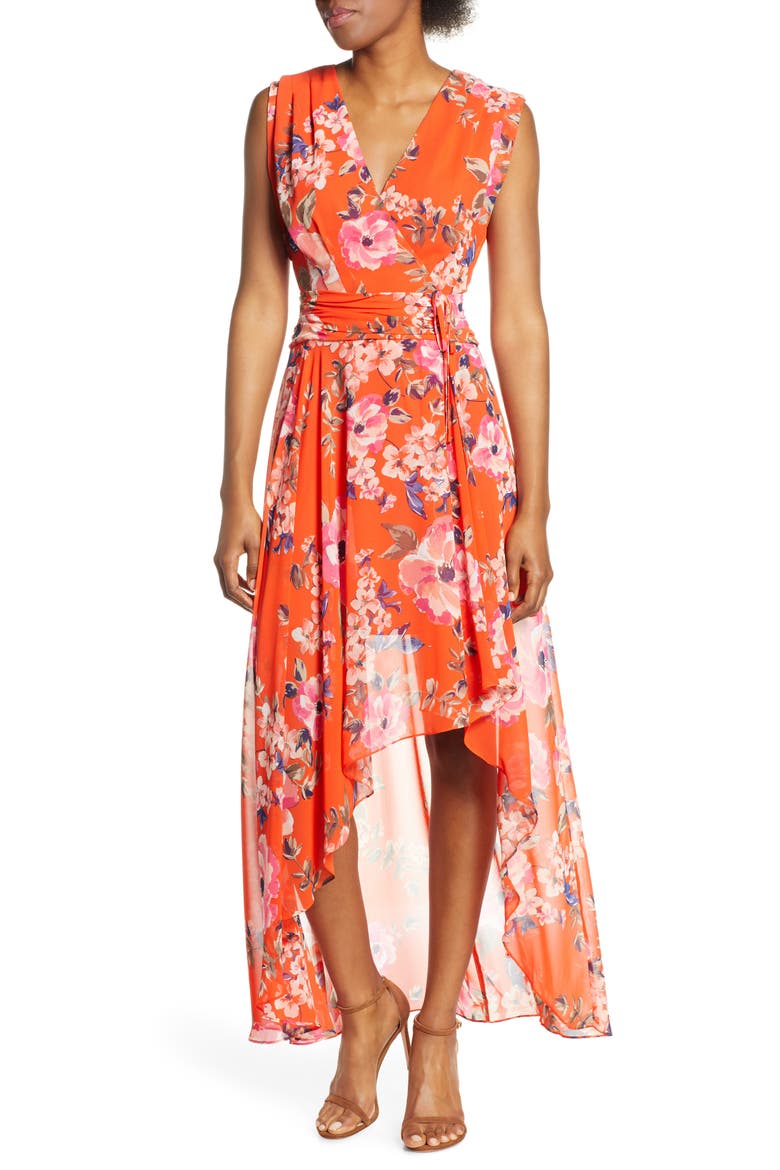 Floral High/Low Chiffon Maxi Dress, Main, color, ORANGE