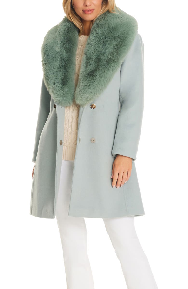 Vince Camuto Double Breasted Coat with Removable Faux Fur Collar, Alternate, color, Mint