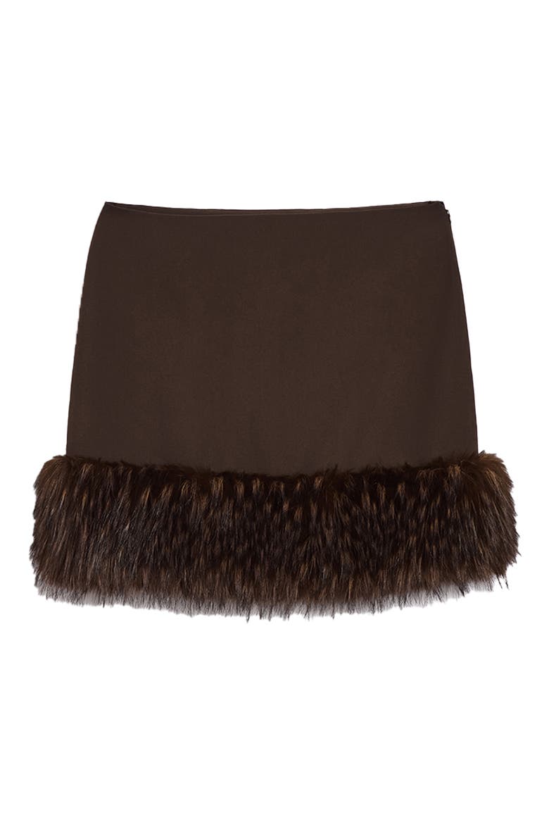 Meadow Stretch Crepe Miniskirt with Faux Fur Trim, Alternate, color, DARK BROWN / DARK BROWN