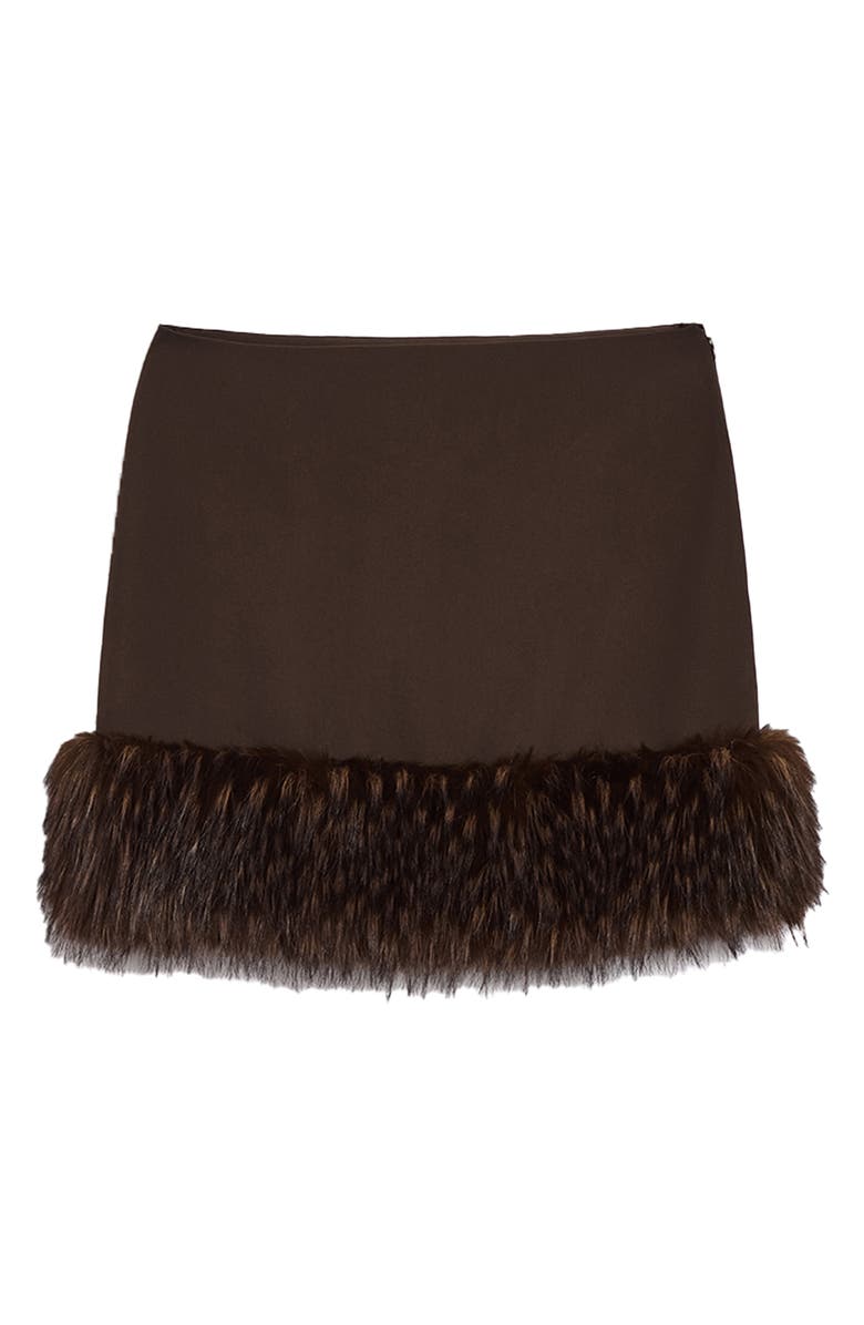 Apparis Meadow Stretch Crepe Miniskirt with Faux Fur Trim, Alternate, color, Dark Brown / Dark Brown