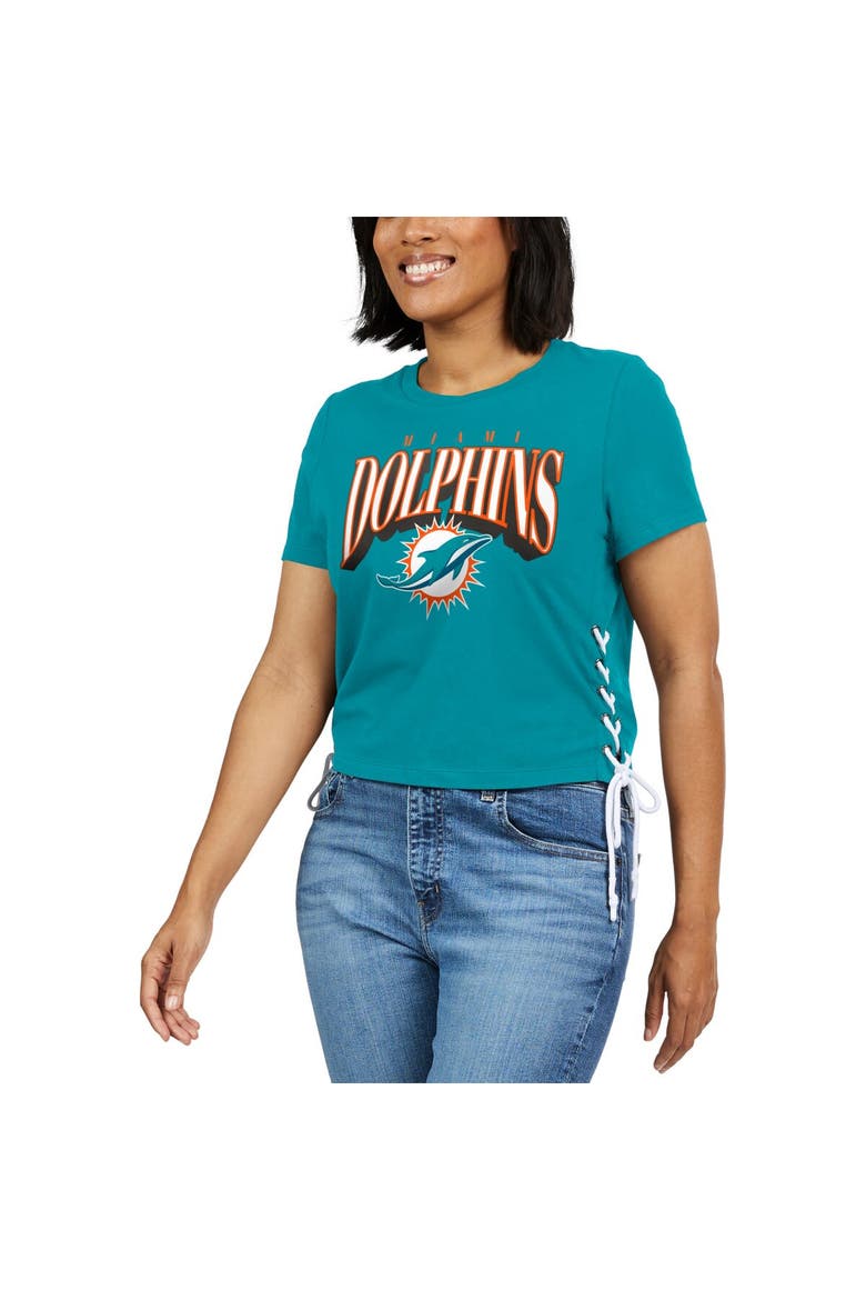 Women's WEAR by Erin Andrews Aqua Miami Dolphins Lace Up Side Modest Cropped T-Shirt, Alternate, color, Aqua