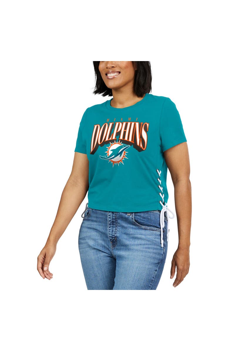 WEAR by Erin Andrews Women's WEAR by Erin Andrews Aqua Miami Dolphins Lace Up Side Modest Cropped T-Shirt, Alternate, color, Aqua