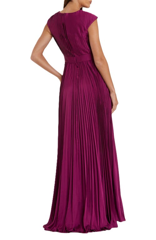 Mac Duggal Pleated Plunge Neck Belted Satin Gown In Raspberry