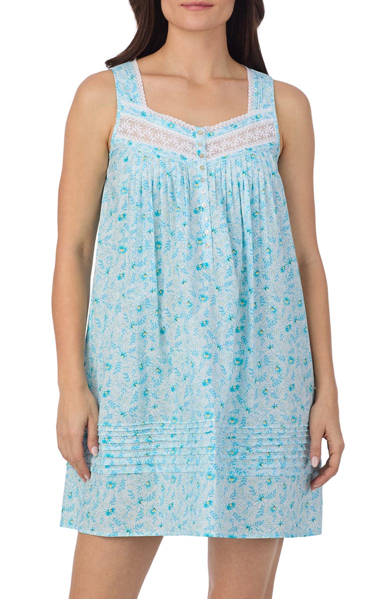 Eileen West Floral Print Sleeveless Cotton Lawn Chemise, Main, color, Aqua Print