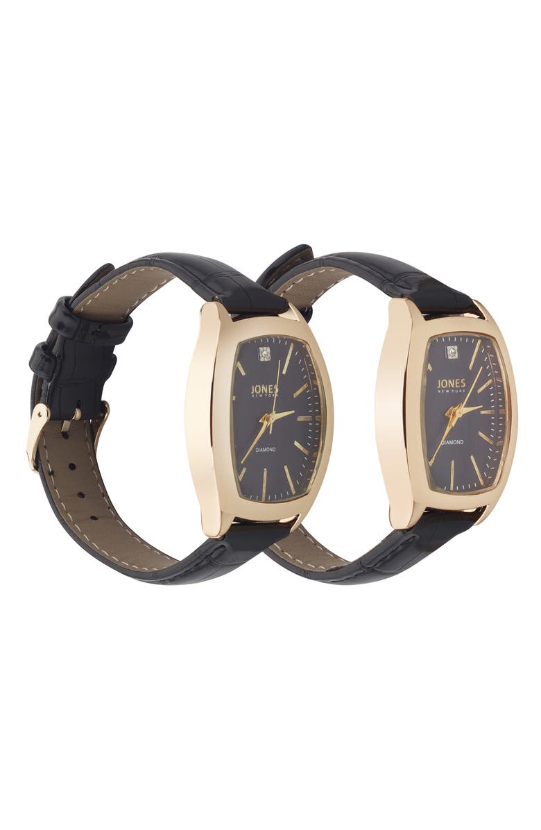 Jones New York Two-Piece Diamond Accent Tonneau Faux Leather Strap Watch His & Hers Set, Alternate, color, 
