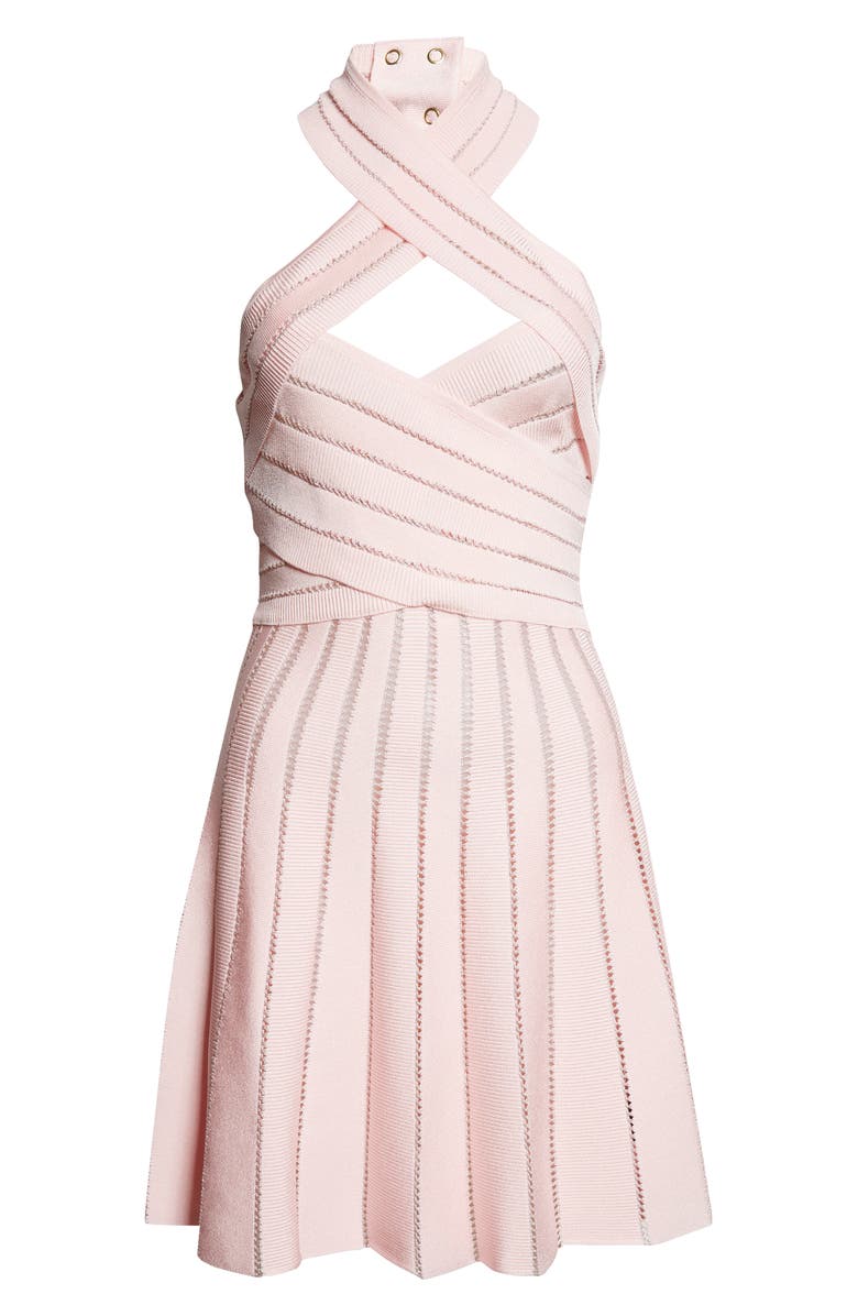 Balmain Crossover Neck Halter Open Stitch Sweater Dress, Main, color, 4Hq Pink