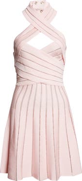 Balmain Crossover Neck Halter Open Stitch Sweater Dress