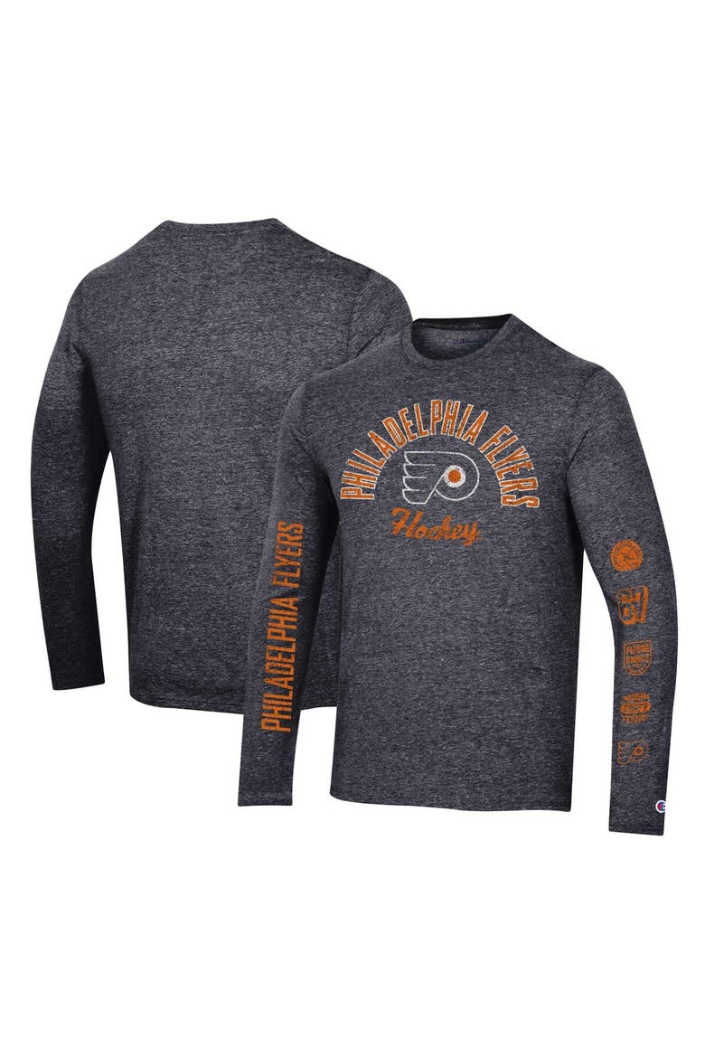 Men's Champion Heather Black Philadelphia Flyers Multi-Logo Tri-Blend Long Sleeve T-Shirt, Main, color, Heather Black