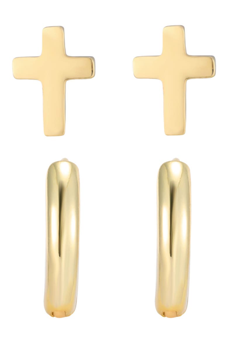 Men's 18k Gold Plated Cross & Huggie Hoop Mismatch Earring Set, Alternate, color, GOLD