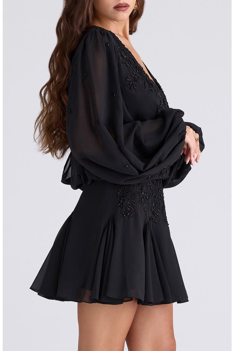 Gianna Beaded Godet Long Sleeve Minidress, Alternate, color, BLACK