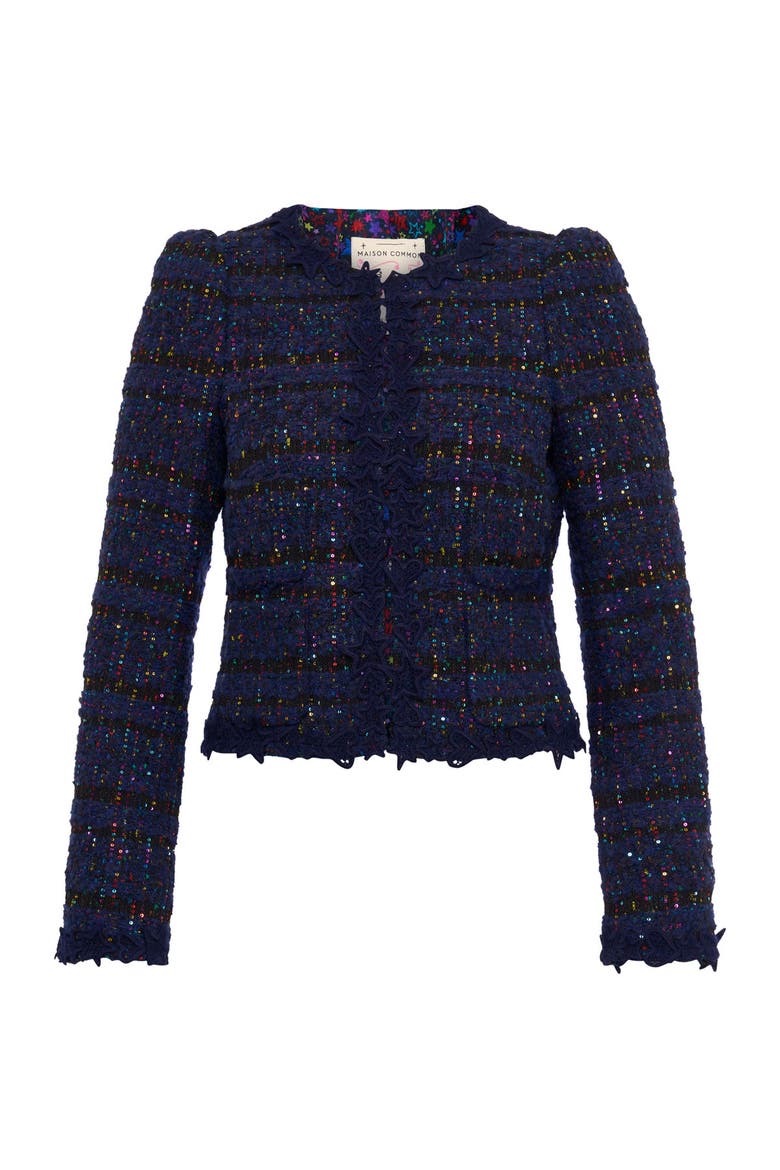 Sequins Tweed Jacket With Macrame Trimming, Main, color, Blue