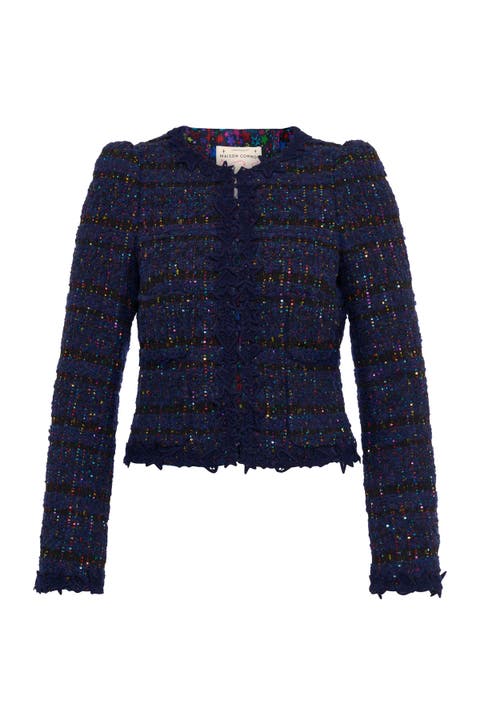 Sequins Tweed Jacket With Macrame Trimming