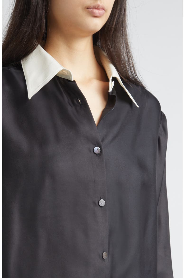 Chiu Contrast Collar Satin Button-Up Shirt, Alternate, color, BLACK