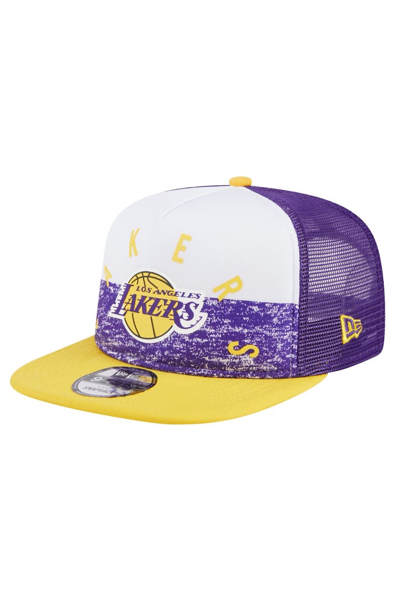 New Era Men's New Era Purple Los Angeles Lakers Arch A-Frame Trucker 9FIFTY Snapback Hat, Main, color, Purple