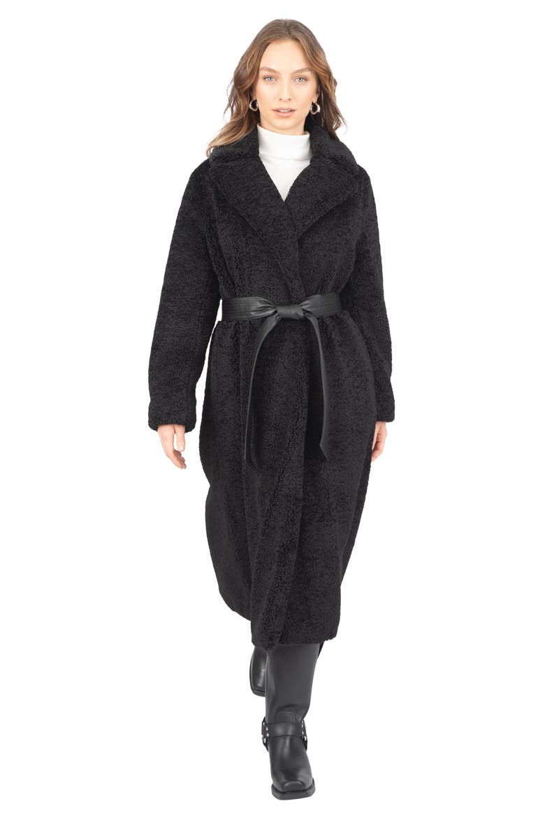 Frye Faux Leather Belted Faux Shearling Coat, Alternate, color,