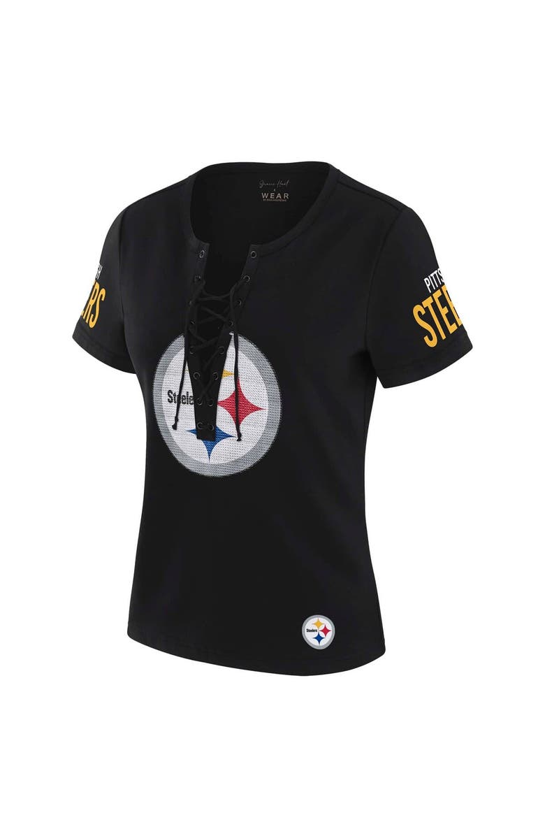 WEAR by Erin Andrews Women's WEAR by Erin Andrews x Gracie Hunt Black Pittsburgh Steelers Draft Me Lace-Up T-Shirt, Alternate, color,