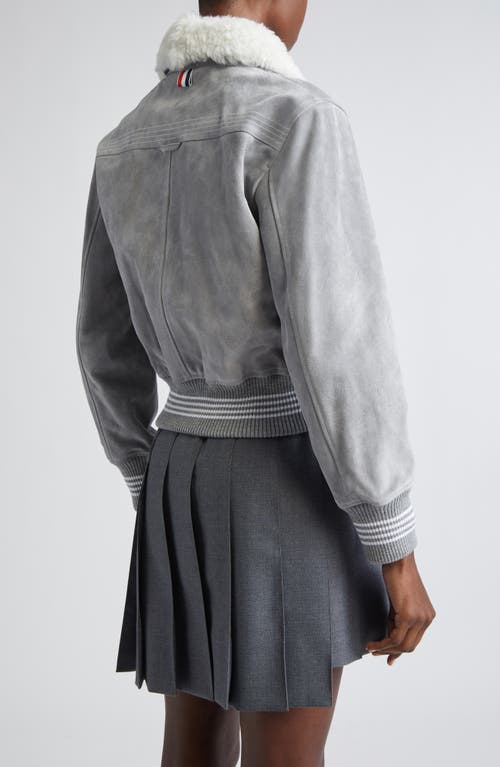 Thom Browne 4-bar Suede Crop Bomber Jacket With Genuine Shearling Collar In Gray